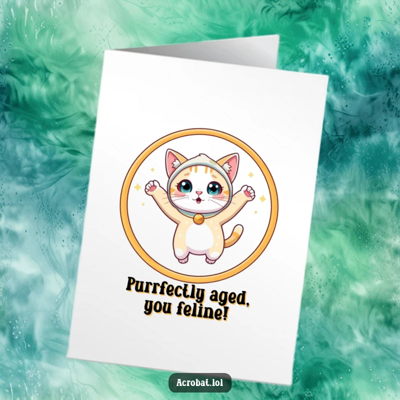 Funny Free Printable Birthday Card: A cute, astonished cat in a shimmering costume mid-leap through a hoop.