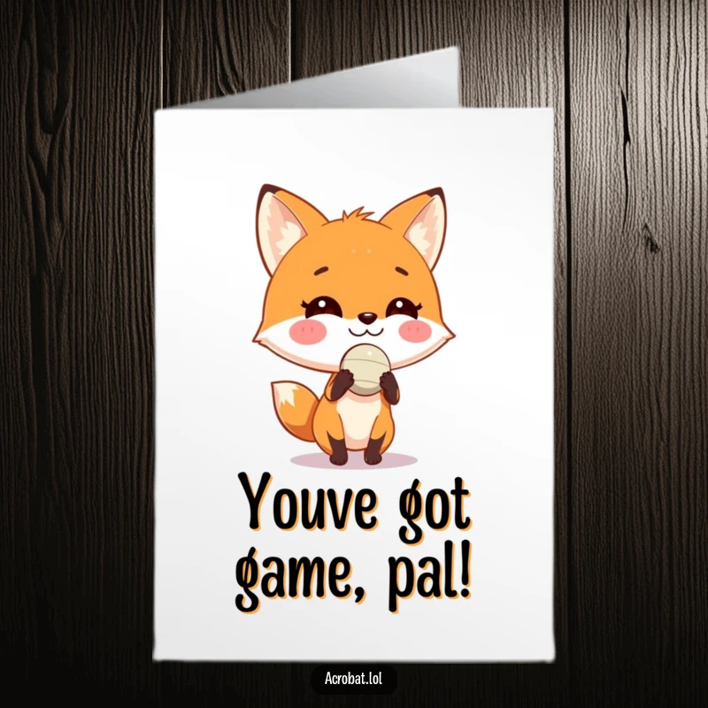 Funny Free Printable Congratulations Card: A playful fox with a grin balances a tiny ball perfectly on its nose.