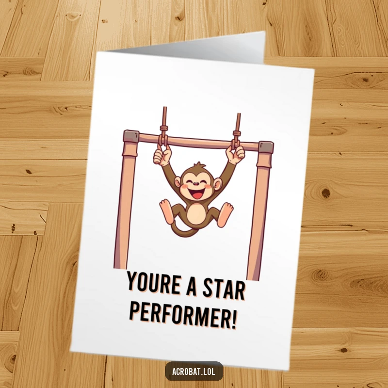 Funny Free Printable Congratulations Card: A mischievous monkey swings from trapeze bars with pure joy and abandon.