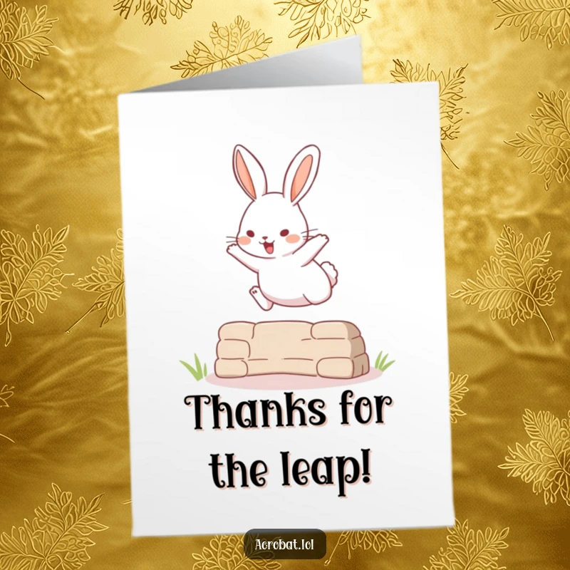 Funny Free Printable Thank You Card: Playful rabbit soaring high over an obstacle, celebrating your kindness.