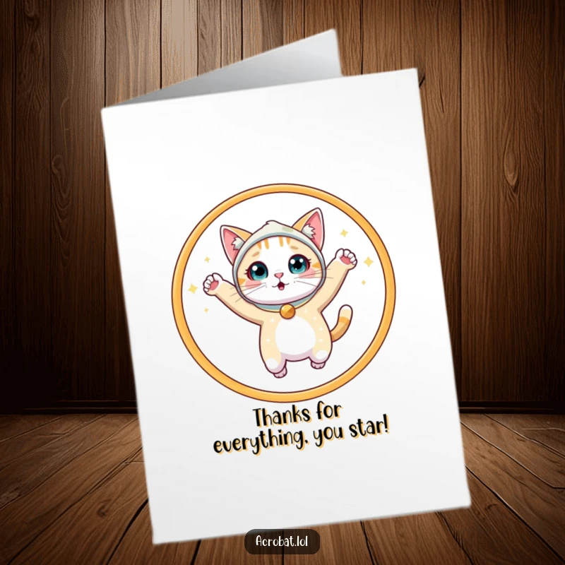 Funny Free Printable Thank You Card: A surprised cat in a sequined outfit leaping with grace through a hoop.