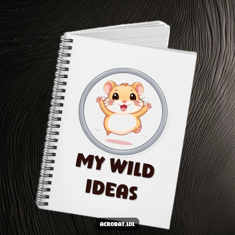 Funny hamster notebook with an energetic hamster with wide eyes leaping through a hoop, perfect for humorous note-taking and creative brainstorming.