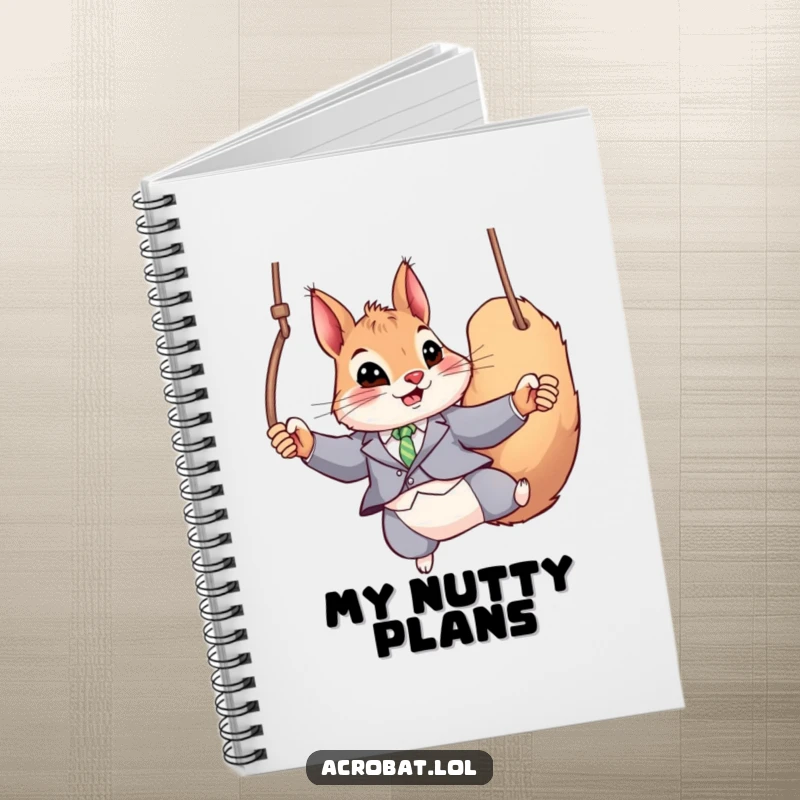 Funny Squirrel Notebook: A playful squirrel in a tight suit swings on rings, perfect for jotting down daring ideas and plans.