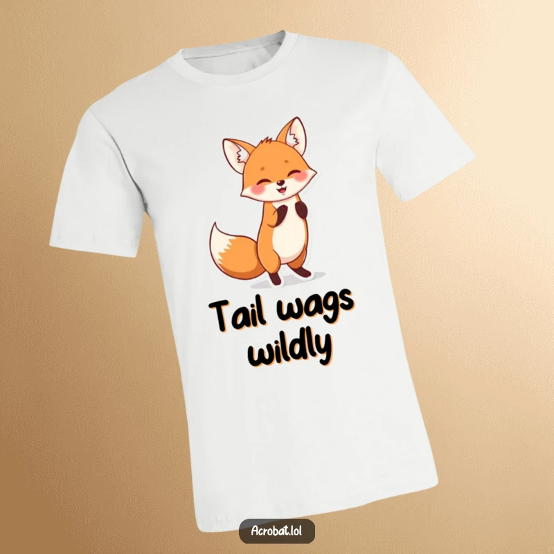 Funny t-shirt with a cheerful fox performing a playful handstand with its tail wagging, showcasing agility and joy.