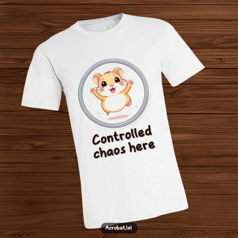 Funny hamster t-shirt featuring an energetic hamster with wide eyes leaping through a hoop, a playful and humorous depiction of a pet.