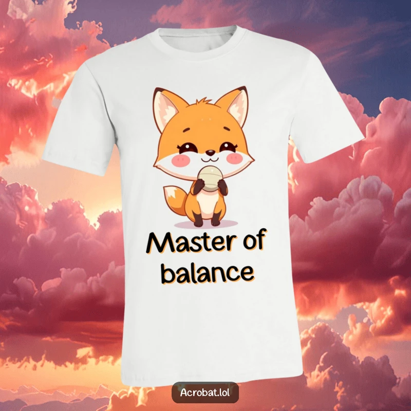 Funny fox t-shirt featuring a playful fox with a grin balancing a small ball on its nose, a humorous and skillfully designed graphic.