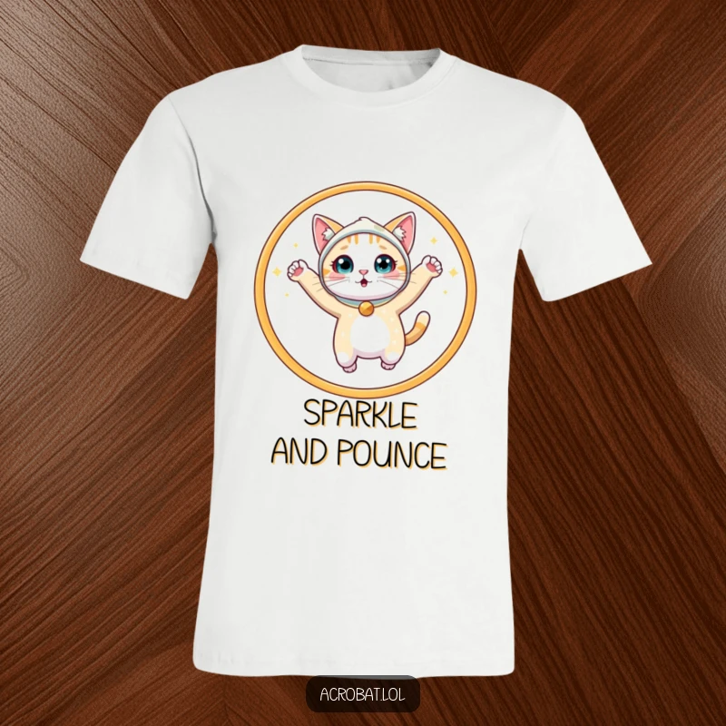 Funny Cat T-Shirt: A surprised, cute cat wearing a glittery costume is captured mid-leap through a shining hoop, full of energy.