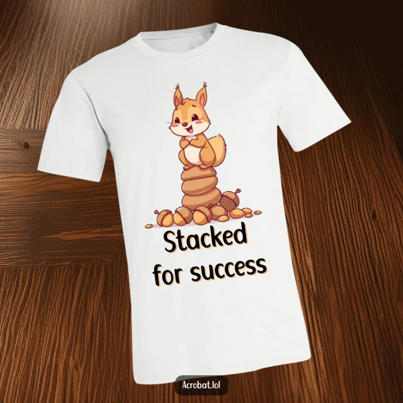 Funny t-shirt with a curious squirrel delightedly balancing on a stack of acorns, a picture of nutty achievement.