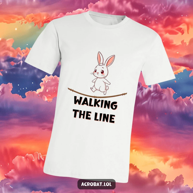 Funny rabbit t-shirt featuring a curious rabbit with a determined look walking a tightrope, a humorous representation of focus and bravery.