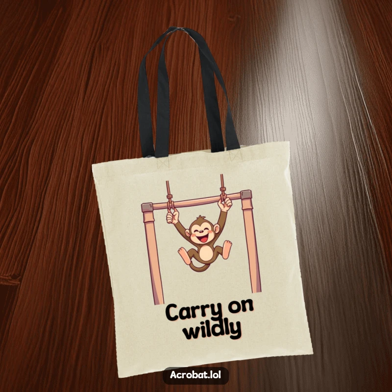 Funny monkey tote bag featuring a mischievous monkey swinging with joyful abandon from trapeze bars, a humorous and practical carry-all.