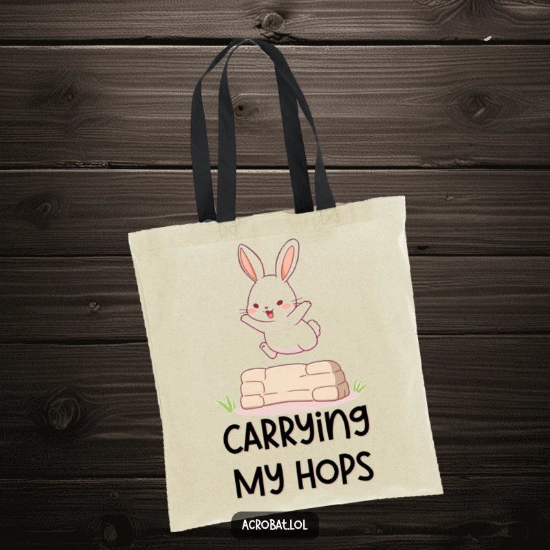 Funny tote bag illustrating a playful rabbit executing a surprisingly high jump over a small obstacle, full of motion.