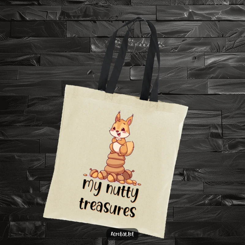 Funny tote bag featuring a curious squirrel delightedly balancing atop a stack of acorns, a charming woodland scene.